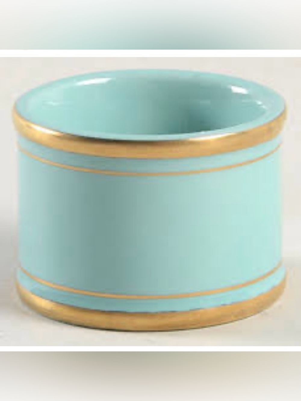 FITZ AND FLOYD "Pavillion" Aqua Ceramic Napkin Ring with Gold Trim Set of 8